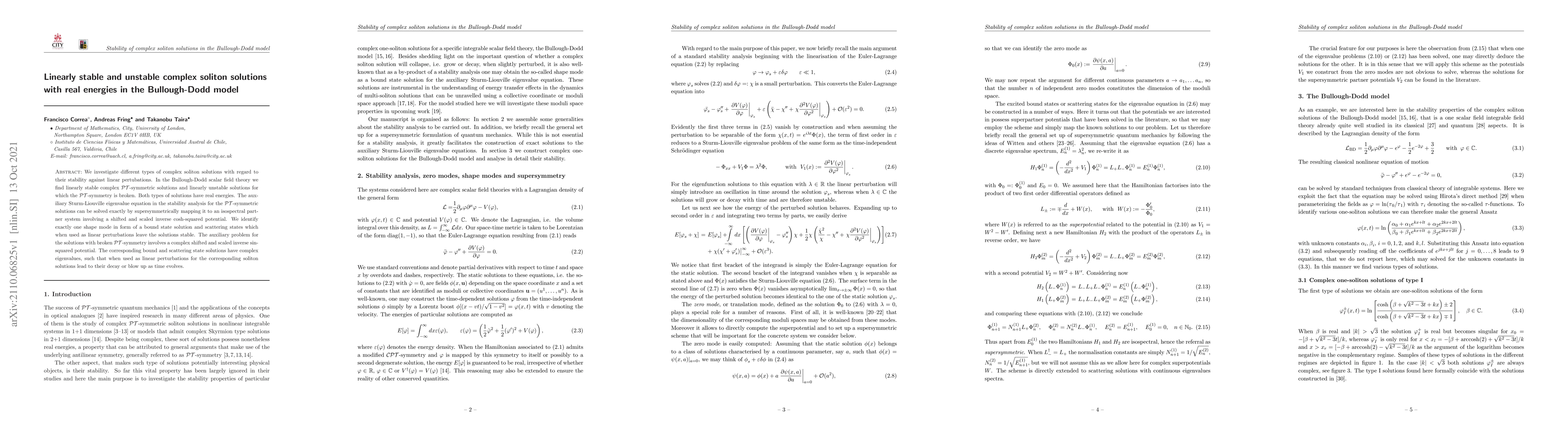 Thumbnail for Linearly stable and unstable complex soliton solutions with real
  energies in the Bullough-Dodd model