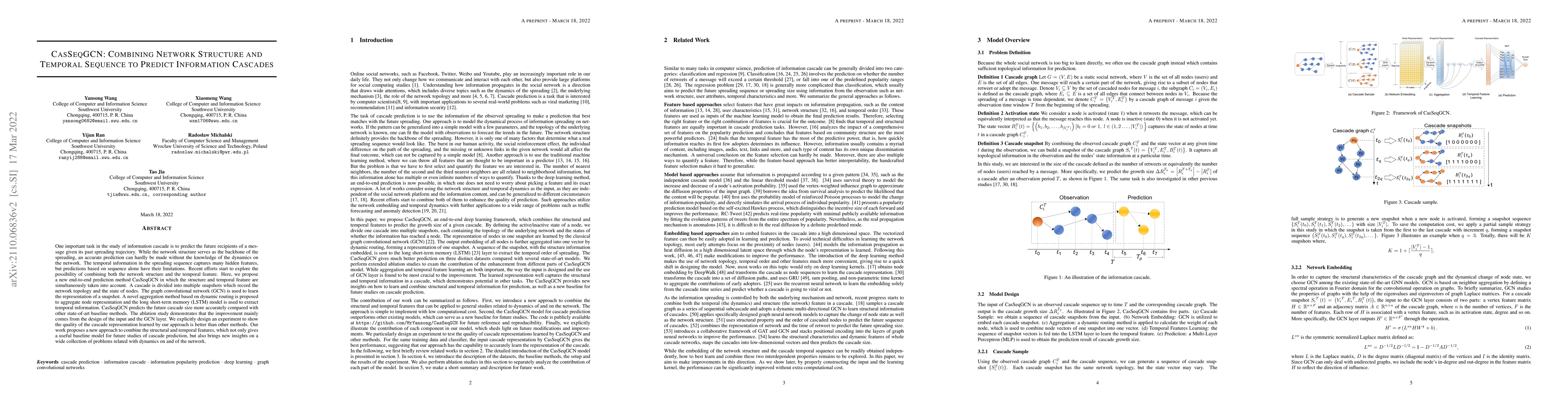 Thumbnail for CasSeqGCN: Combining Network Structure and Temporal Sequence to Predict
  Information Cascades