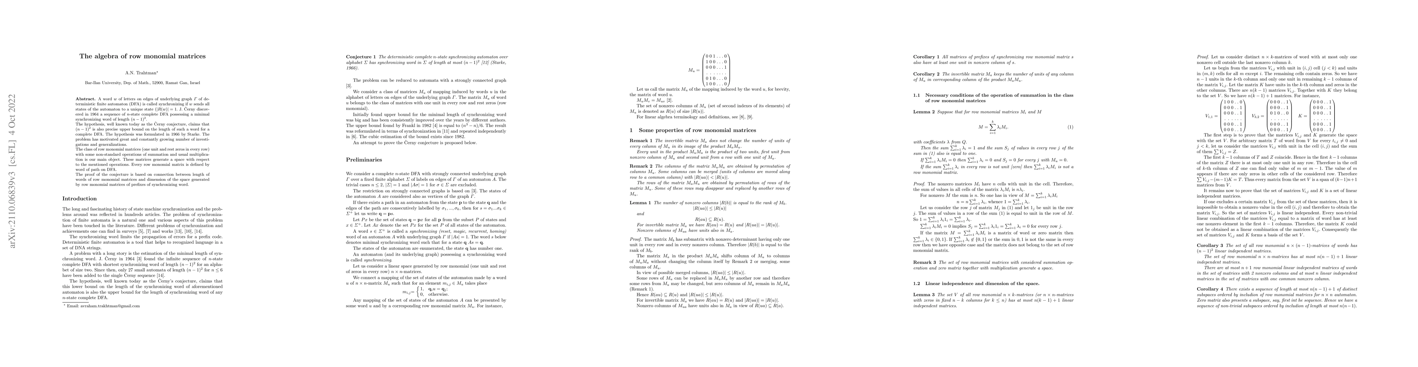 Thumbnail for The algebra of row monomial matrices