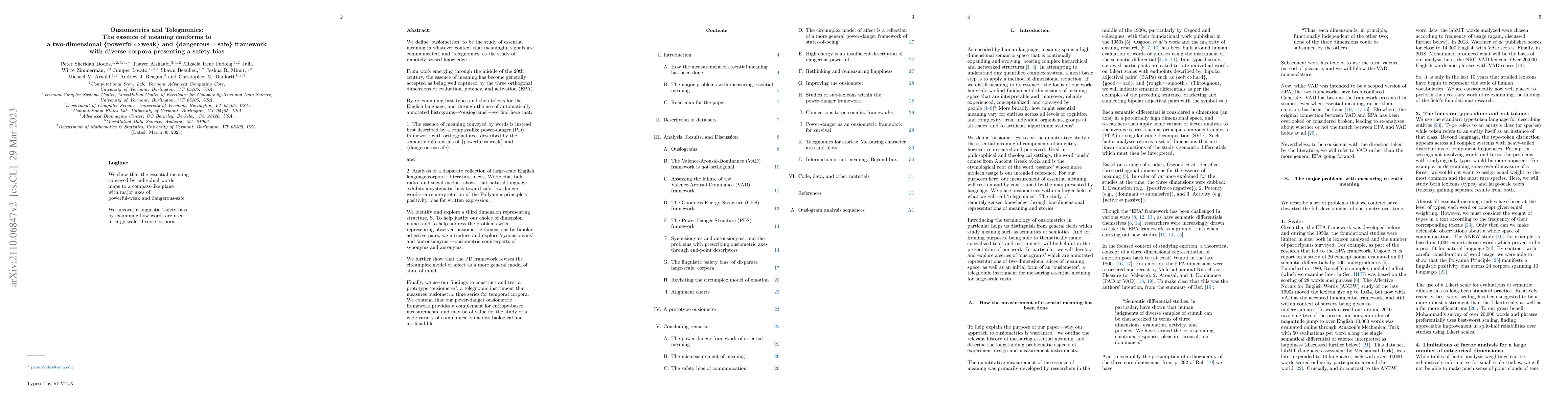 Thumbnail for Ousiometrics and Telegnomics: The essence of meaning conforms to a
  two-dimensional powerful-weak and dangerous-safe framework with diverse
  corpora presenting a safety bias