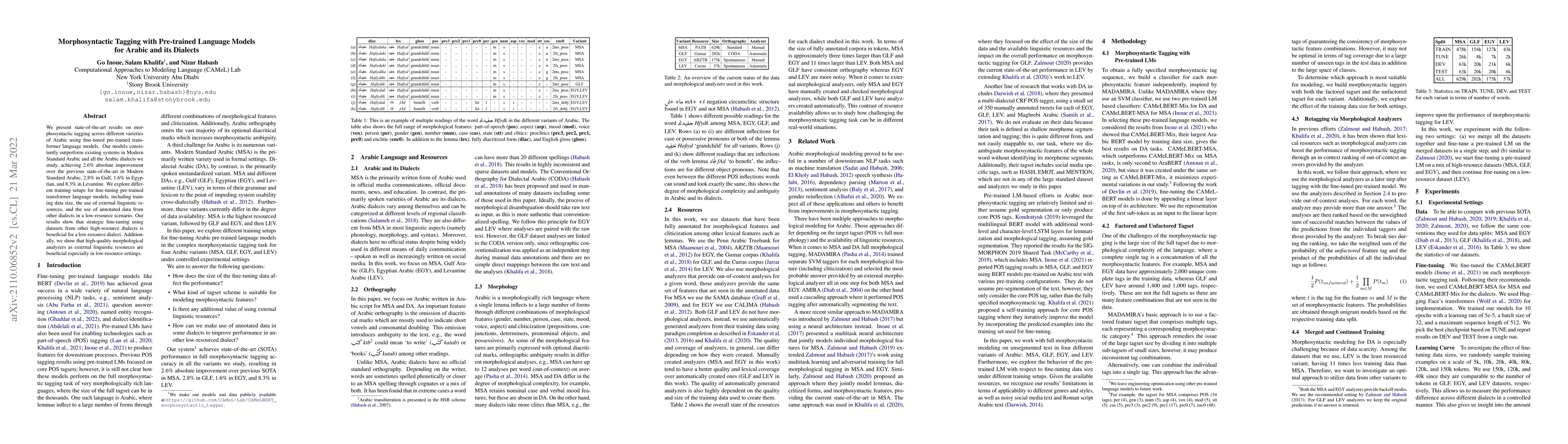 Thumbnail for Morphosyntactic Tagging with Pre-trained Language Models for Arabic and
  its Dialects