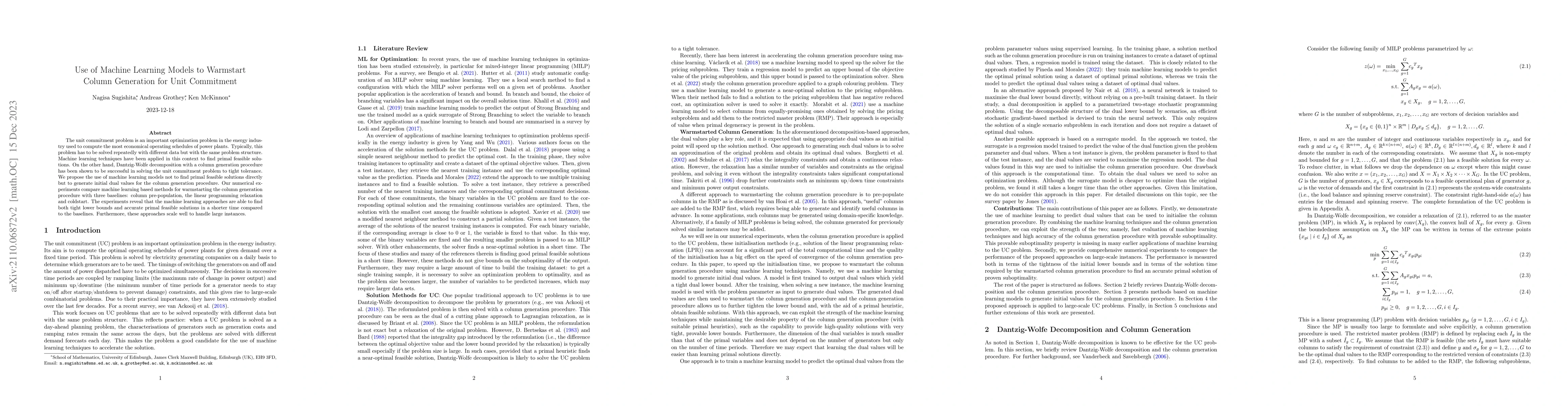 Thumbnail for Use of Machine Learning Models to Warmstart Column Generation for Unit
  Commitment