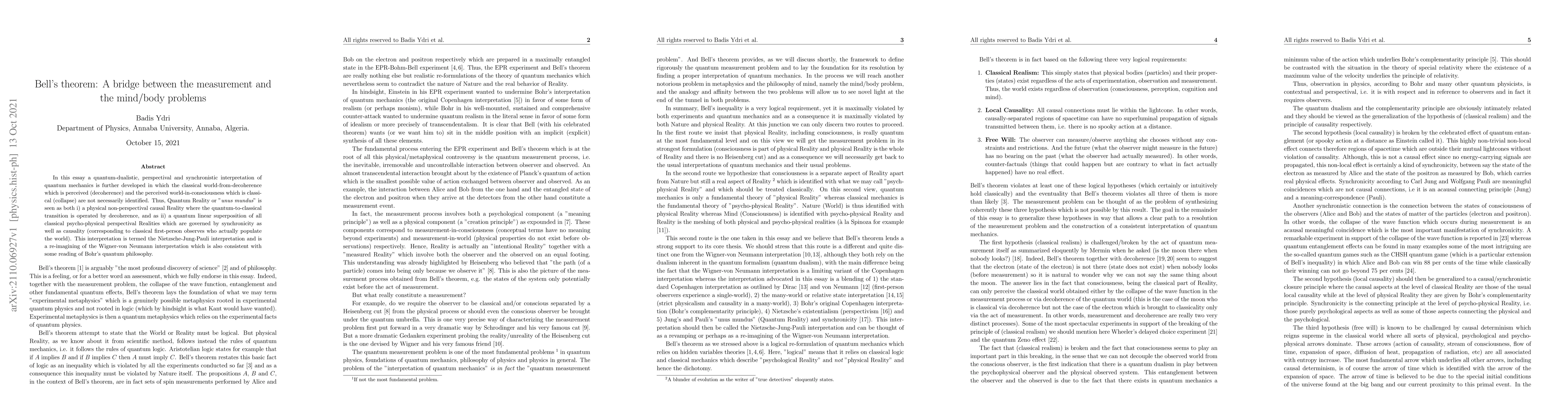 Thumbnail for Bell's theorem: A bridge between the measurement and the mind/body
  problems