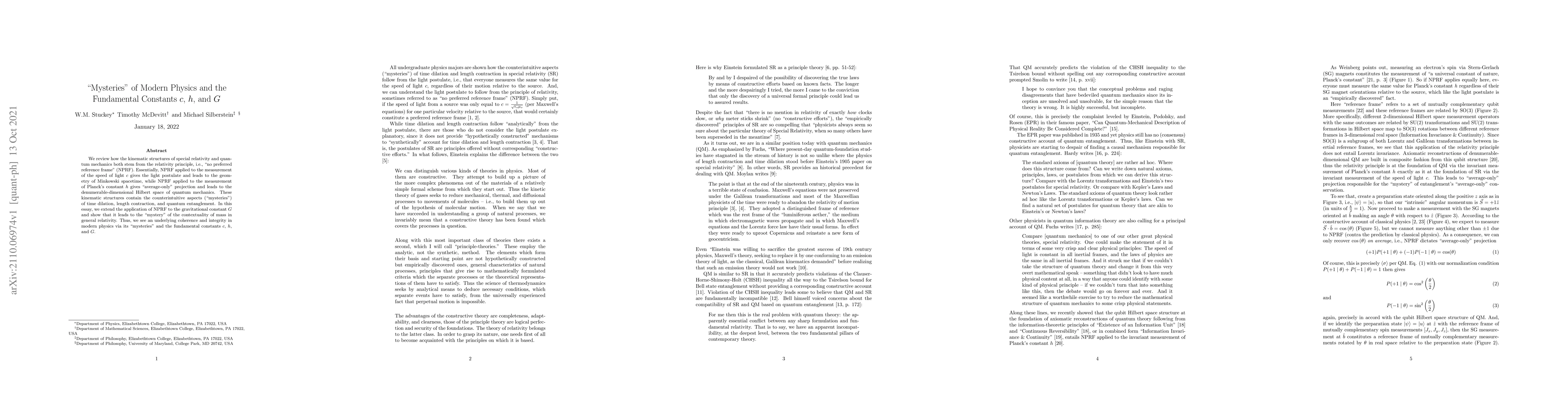 Thumbnail for "Mysteries" of Modern Physics and the Fundamental Constants $c$, $h$,
  and $G$