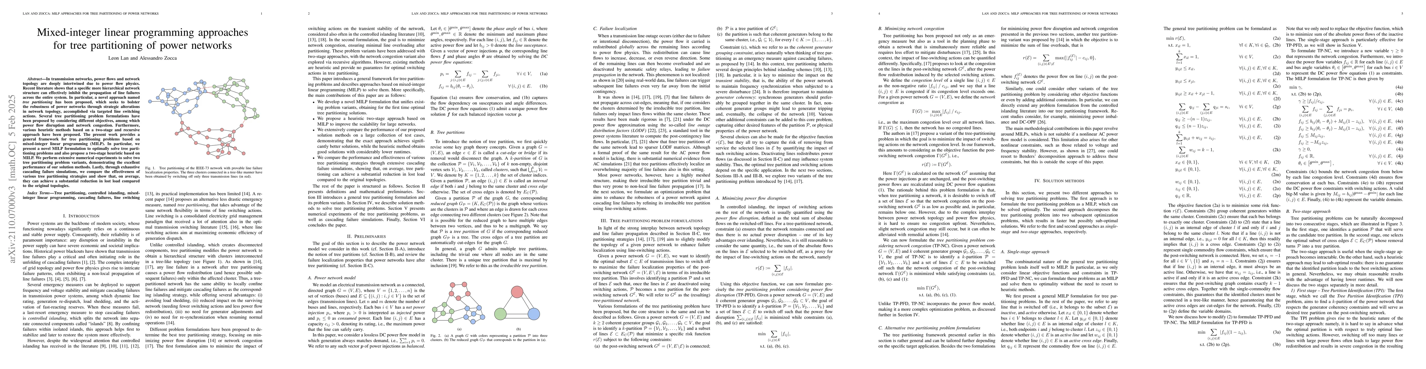 Thumbnail for Mixed-integer linear programming approaches for tree partitioning of
  power networks