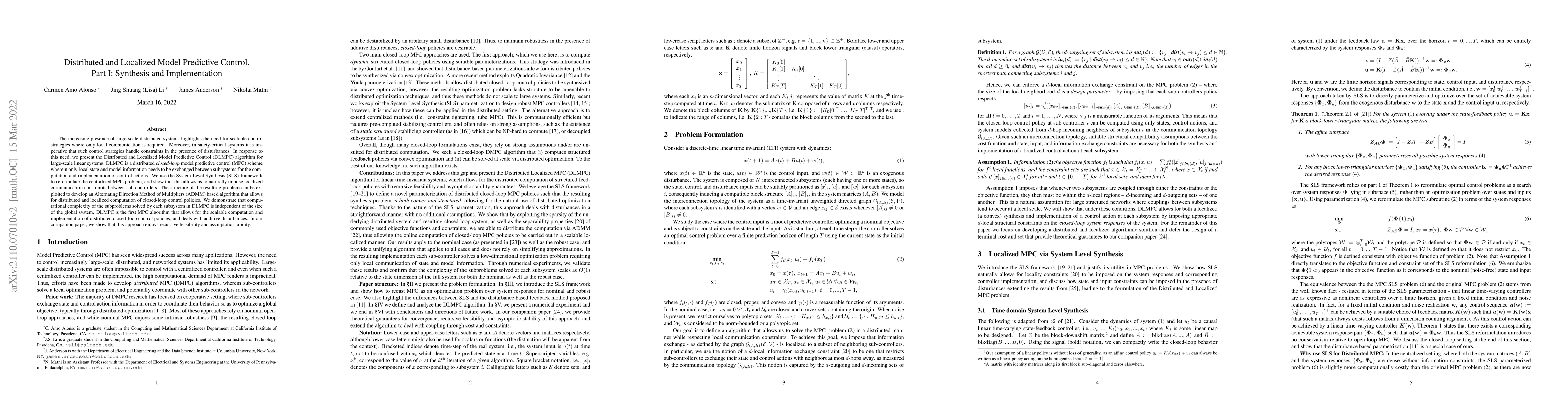 Thumbnail for Distributed and Localized Model Predictive Control. Part I: Synthesis
  and Implementation