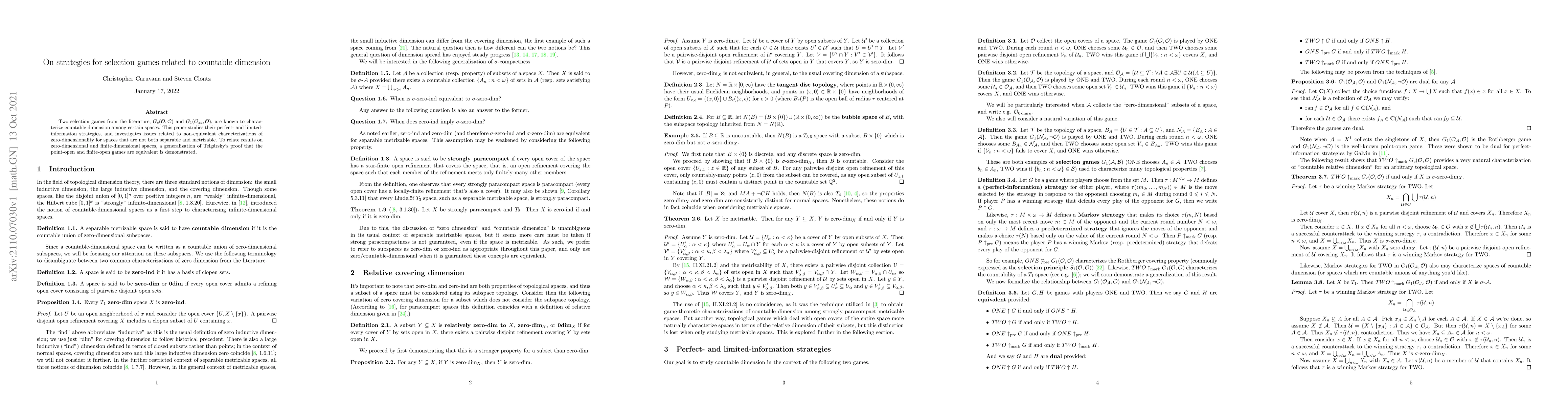 Thumbnail for On strategies for selection games related to countable dimension