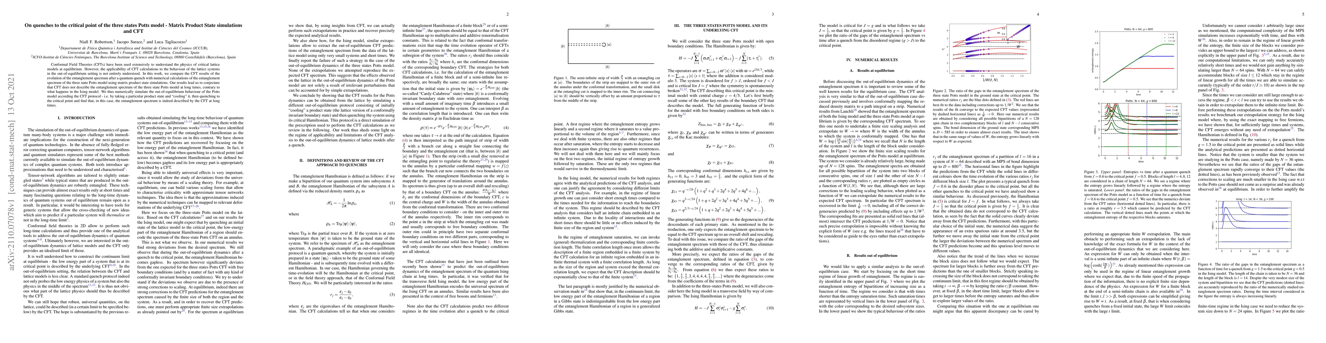 Thumbnail for On quenches to the critical point of the three states Potts model --
  Matrix Product State simulations and CFT