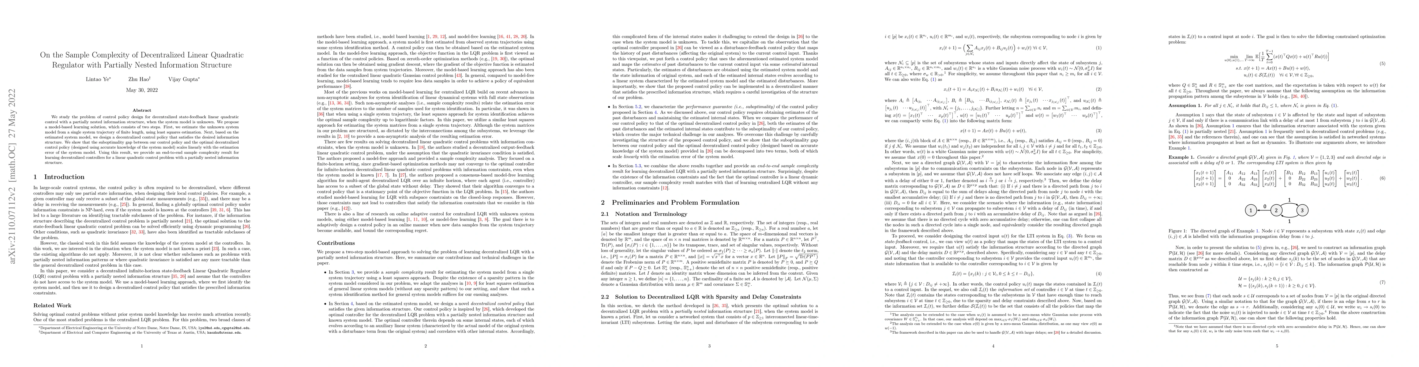Thumbnail for On the Sample Complexity of Decentralized Linear Quadratic Regulator
  with Partially Nested Information Structure