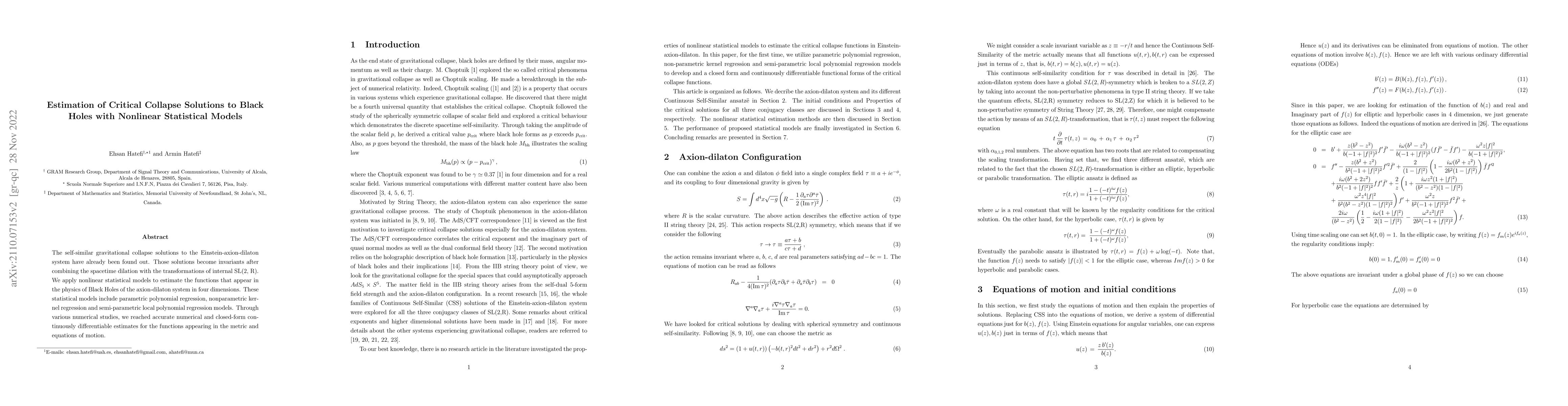 Thumbnail for Estimation of Critical Collapse Solutions to Black Holes with Nonlinear
  Statistical Models