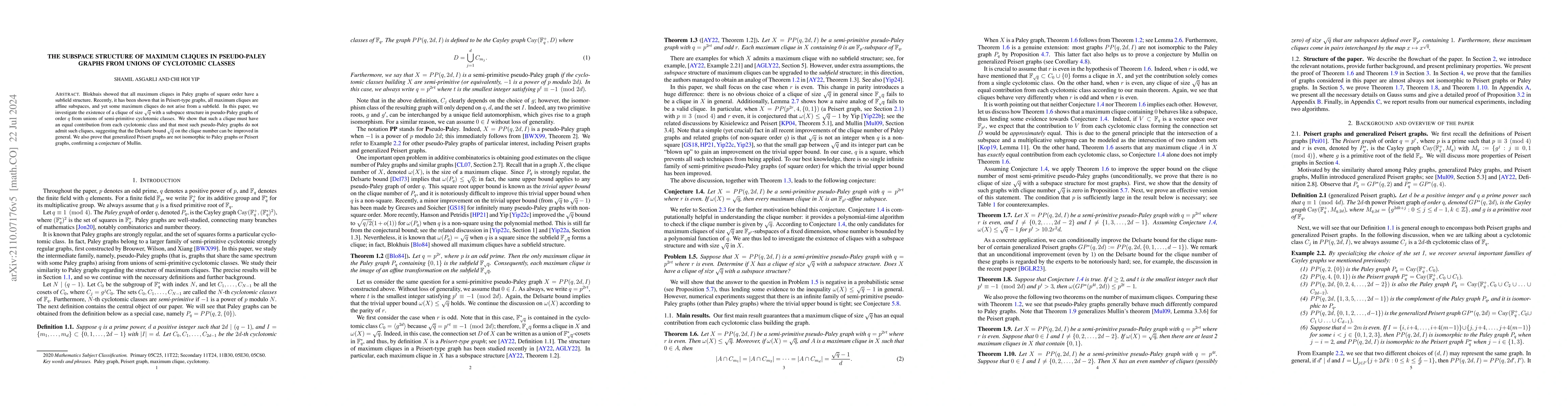 Thumbnail for The subspace structure of maximum cliques in pseudo-Paley graphs from
  unions of cyclotomic classes