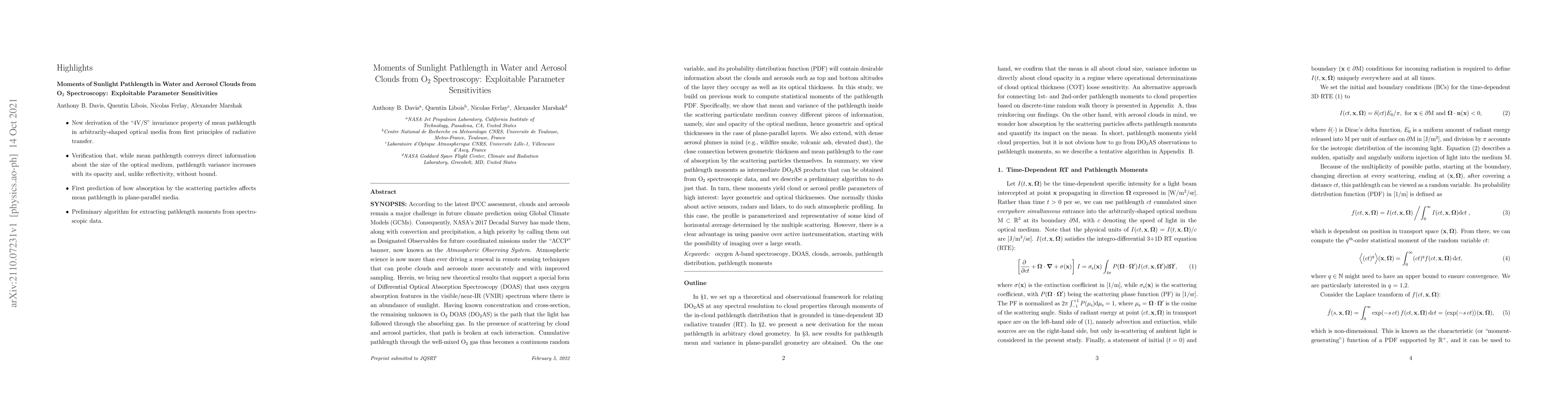 Thumbnail for Moments of Sunlight Pathlength in Water and Aerosol Clouds from O$_2$
  Spectroscopy: Exploitable Parameter Sensitivities