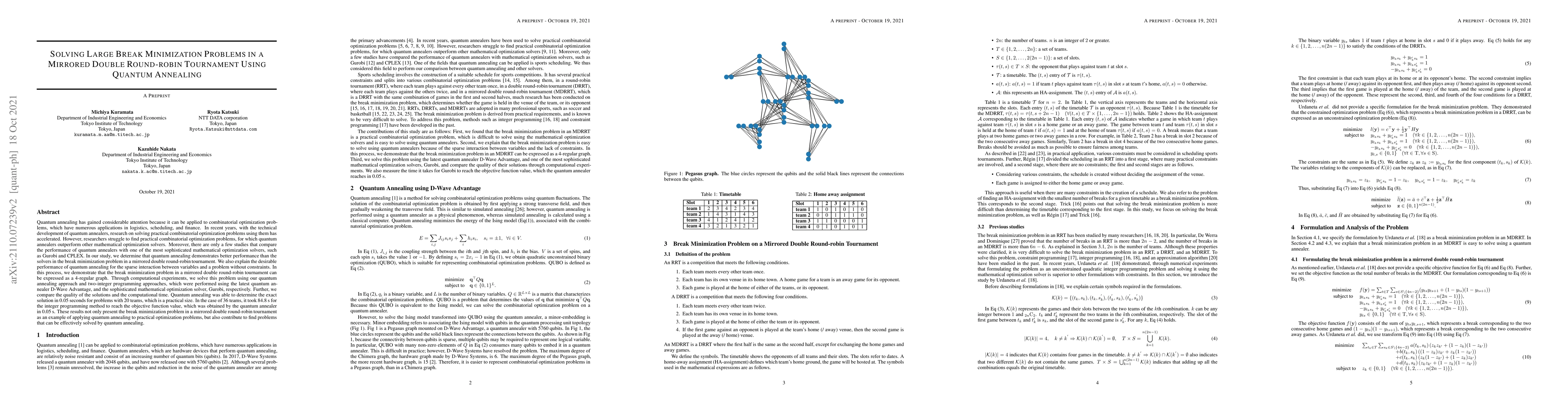 Thumbnail for Solving Large Break Minimization Problems in a Mirrored Double
  Round-robin Tournament Using Quantum Annealing