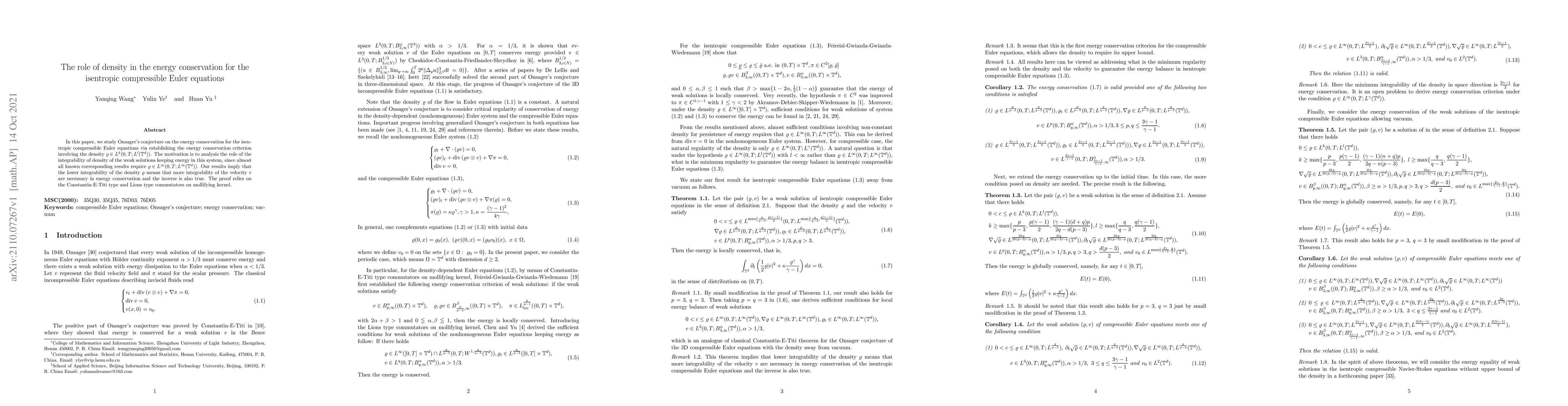 Thumbnail for The role of density in the energy conservation for the isentropic
  compressible Euler equations