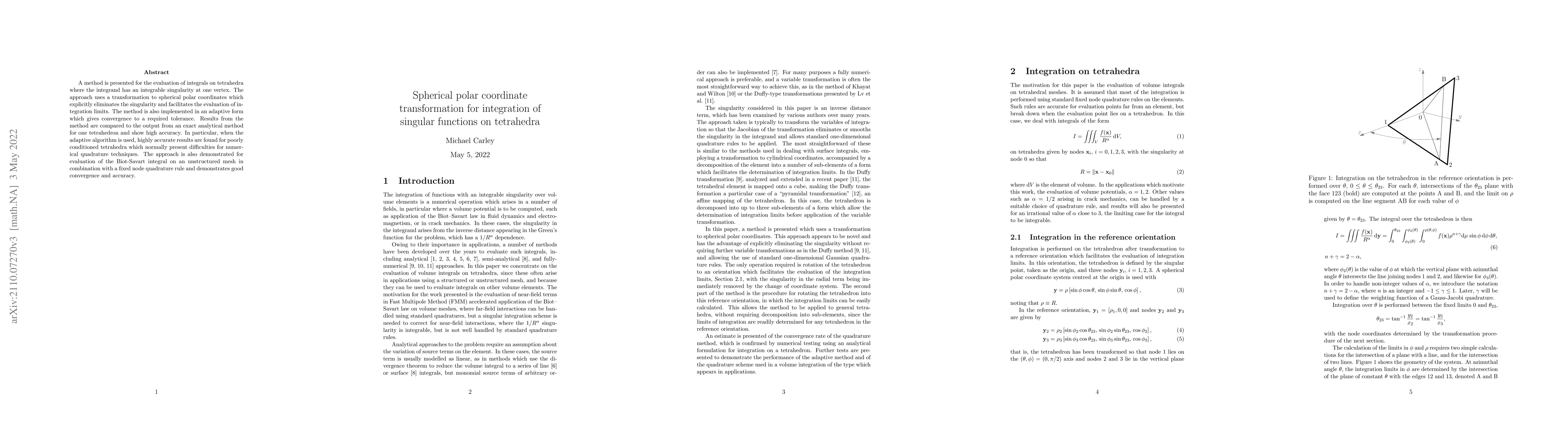 Thumbnail for Spherical polar coordinate transformation for integration of singular
  functions on tetrahedra