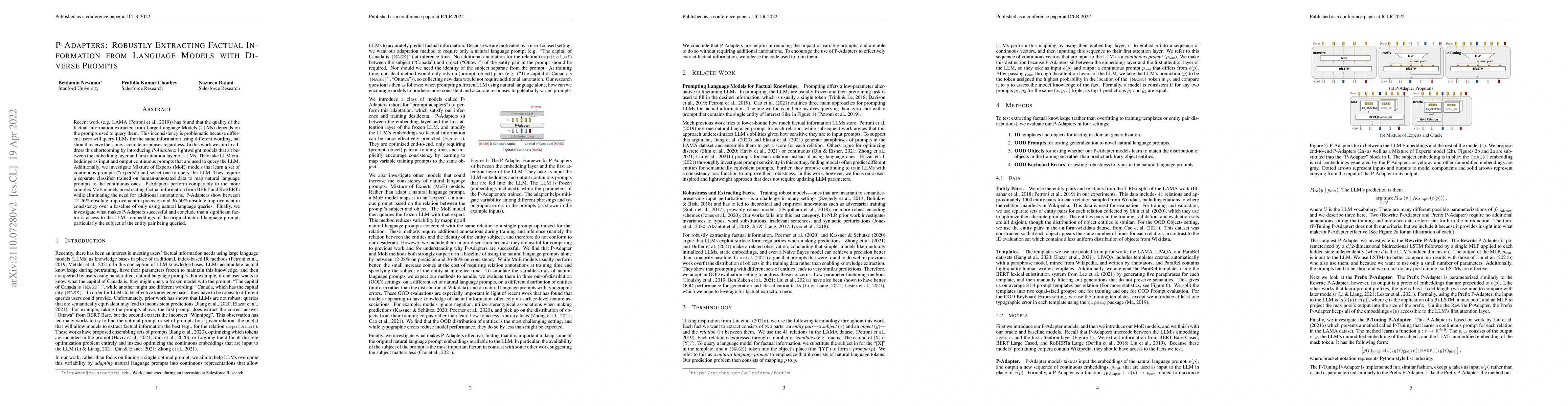 Thumbnail for P-Adapters: Robustly Extracting Factual Information from Language Models
  with Diverse Prompts