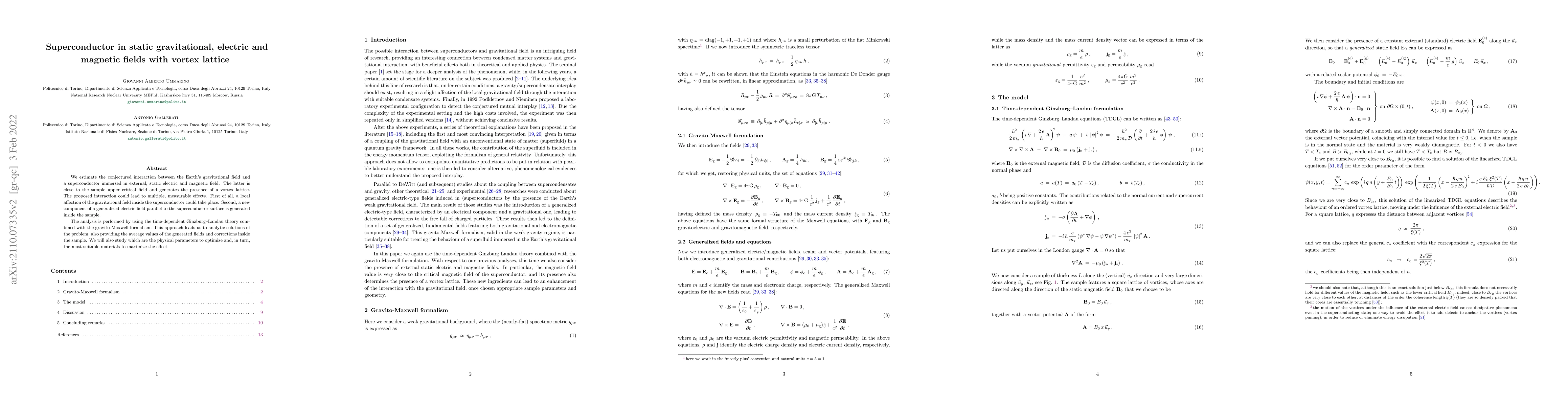 Thumbnail for Superconductor in static gravitational, electric and magnetic fields
  with vortex lattice
