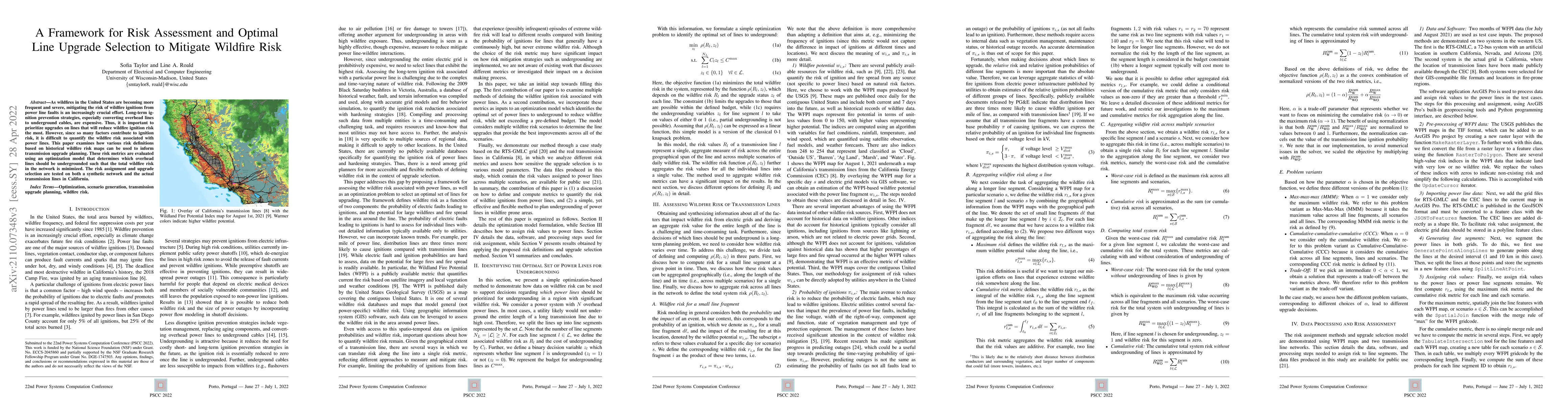 Thumbnail for A Framework for Risk Assessment and Optimal Line Upgrade Selection to
  Mitigate Wildfire Risk