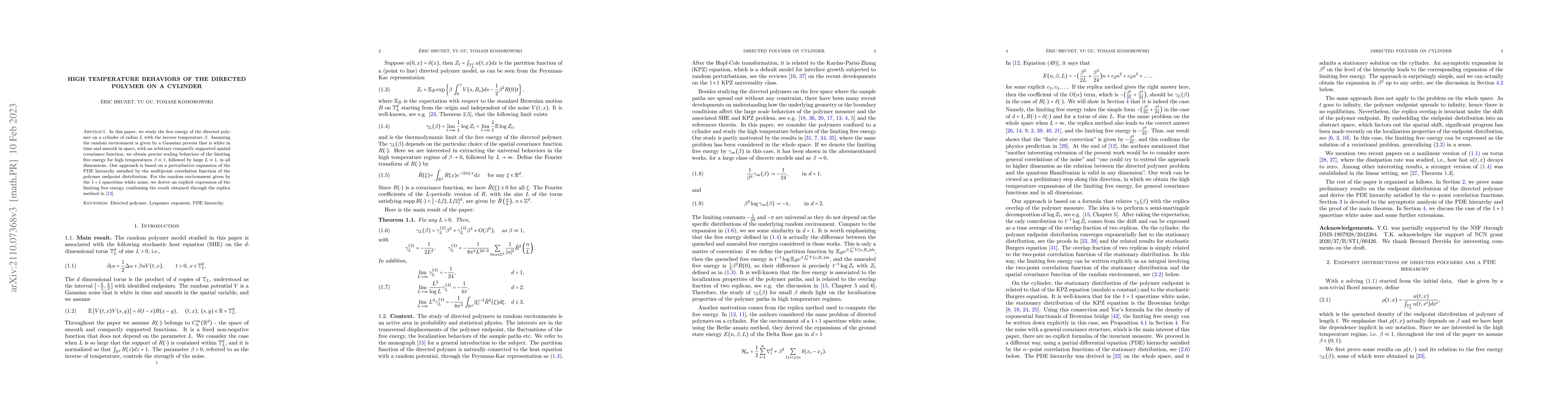 Thumbnail for High temperature behaviors of the directed polymer on a cylinder