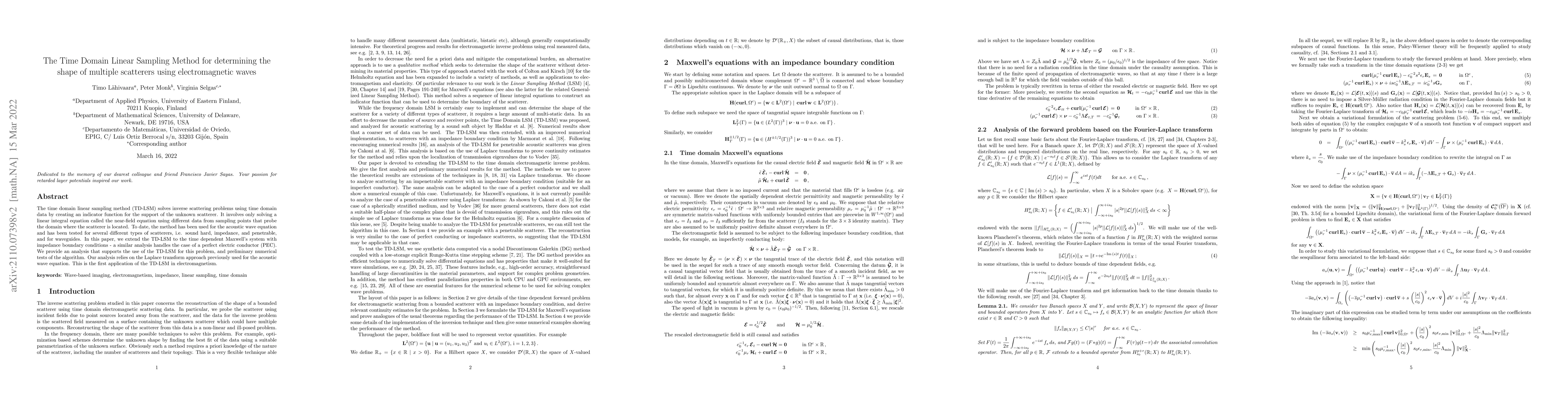 Thumbnail for The Time Domain Linear Sampling Method for determining the shape of
  multiple scatterers using electromagnetic waves
