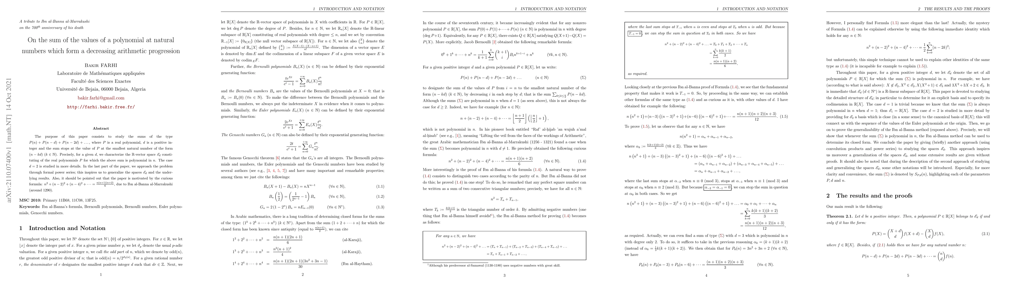 Thumbnail for On the sum of the values of a polynomial at natural numbers which form a
  decreasing arithmetic progression