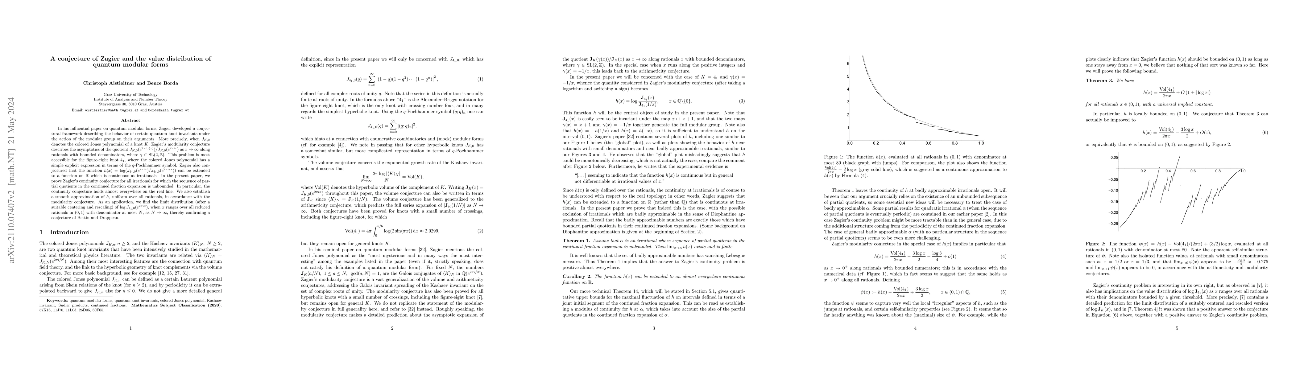 Thumbnail for A conjecture of Zagier and the value distribution of quantum modular
  forms