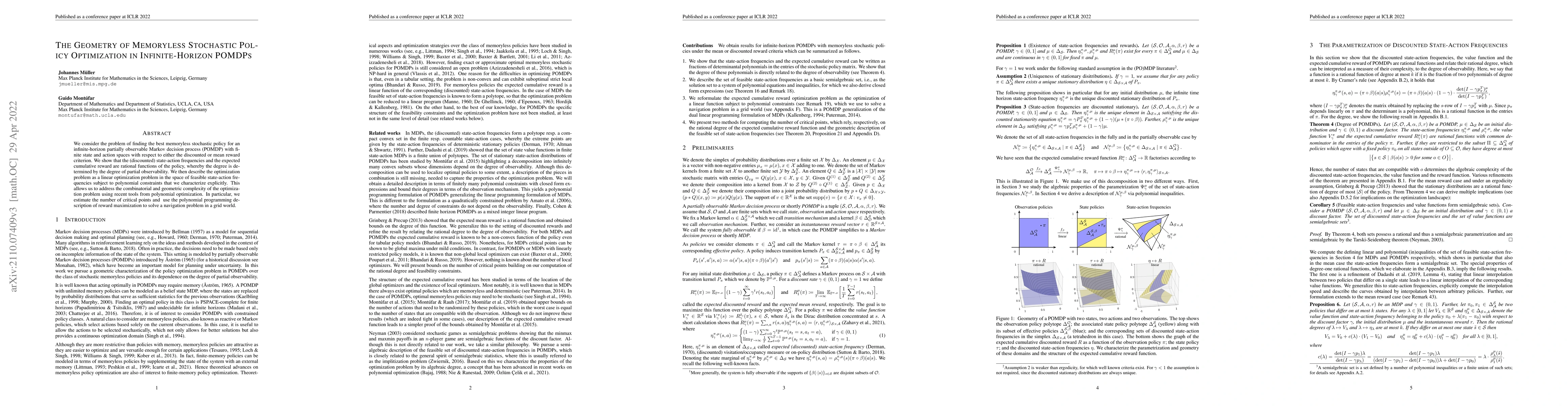 Thumbnail for The Geometry of Memoryless Stochastic Policy Optimization in
  Infinite-Horizon POMDPs