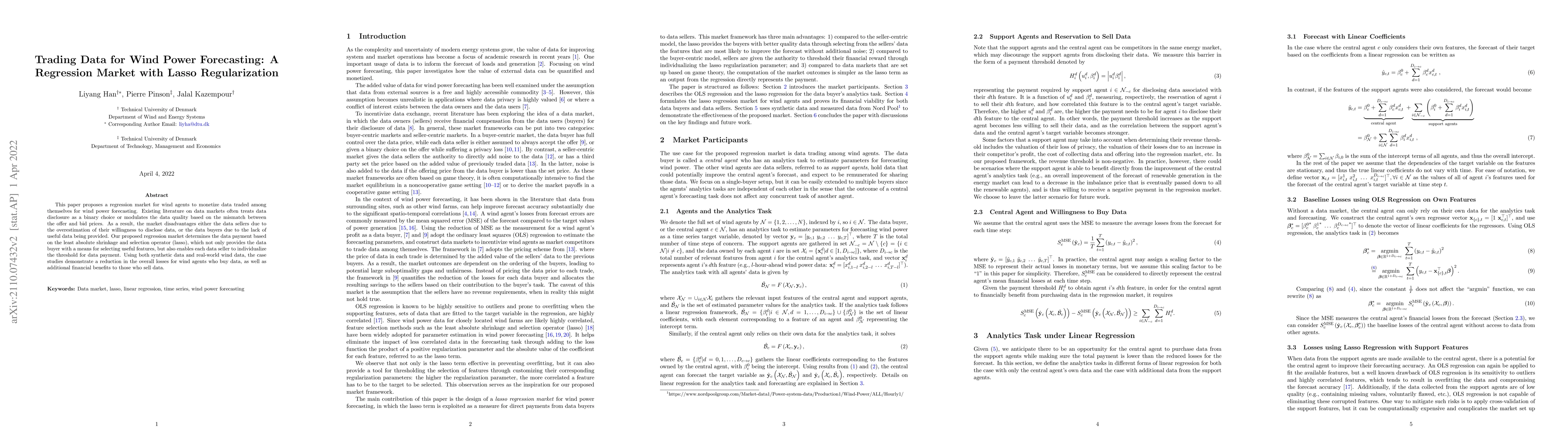 Thumbnail for Trading Data for Wind Power Forecasting: A Regression Market with Lasso
  Regularization