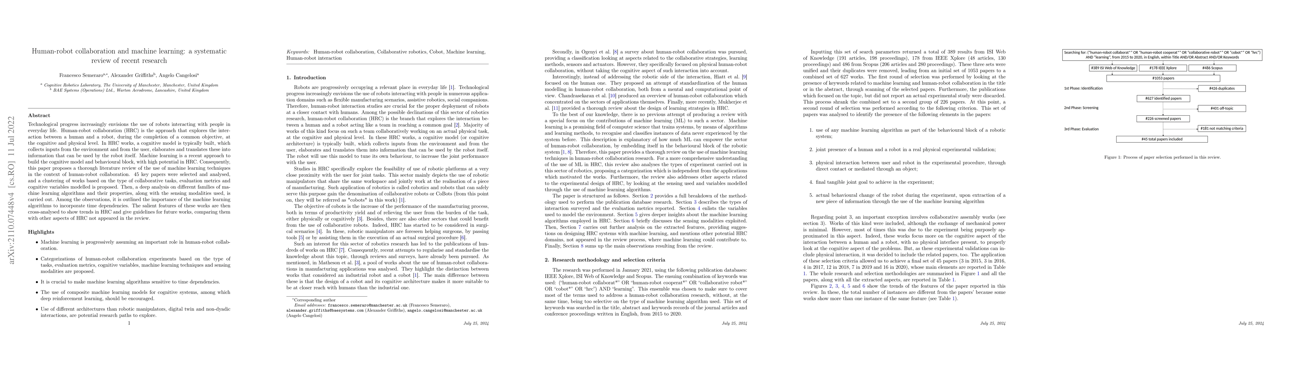 Thumbnail for Human-robot collaboration and machine learning: a systematic review of
  recent research