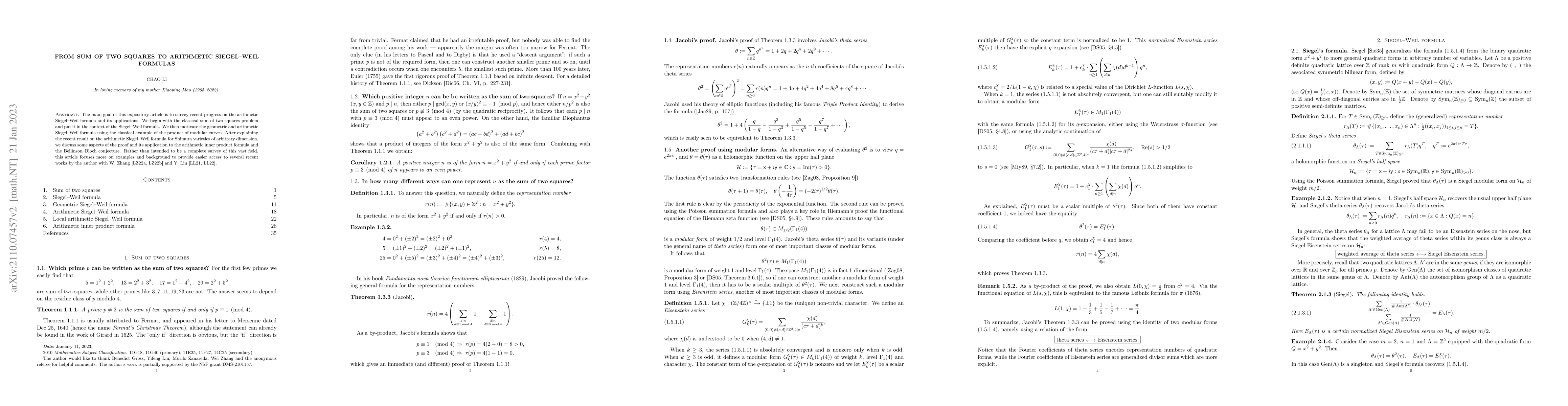 Thumbnail for From sum of two squares to arithmetic Siegel-Weil formulas