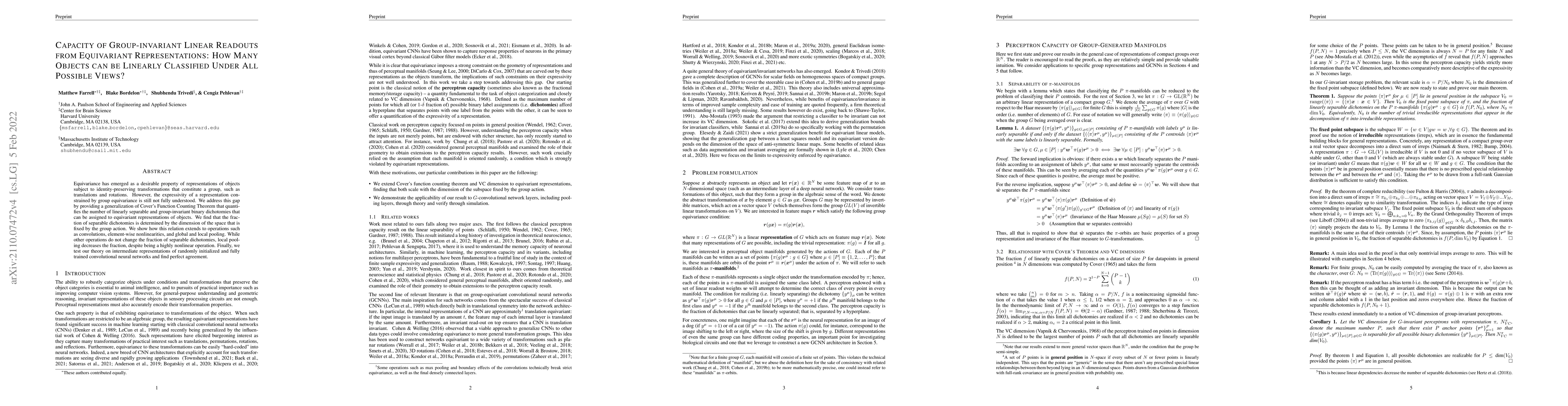 Thumbnail for Capacity of Group-invariant Linear Readouts from Equivariant
  Representations: How Many Objects can be Linearly Classified Under All
  Possible Views?