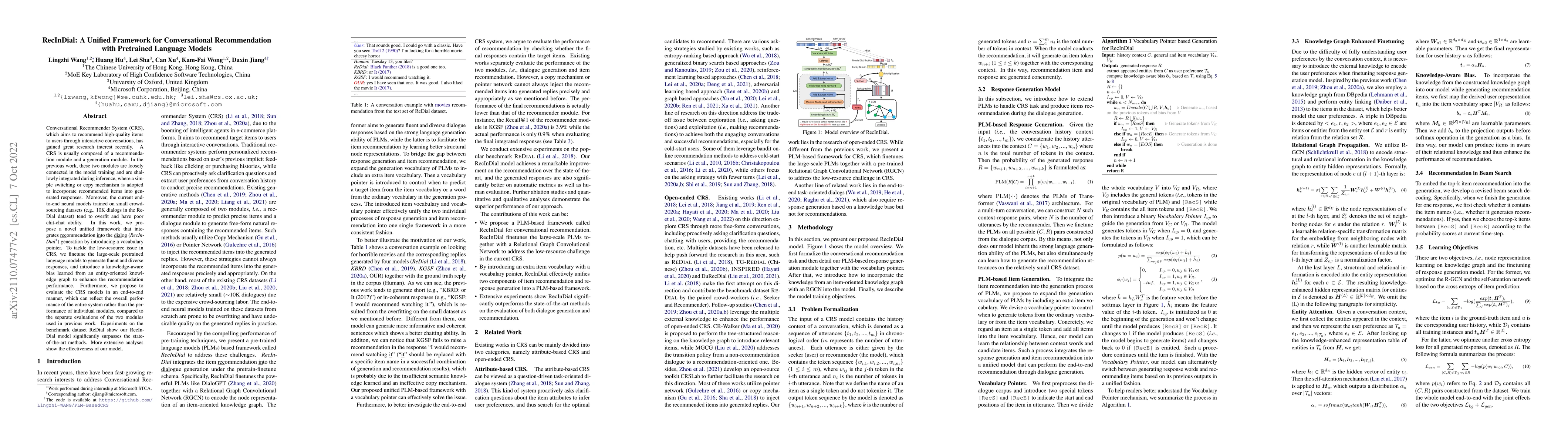 Thumbnail for RecInDial: A Unified Framework for Conversational Recommendation with
  Pretrained Language Models