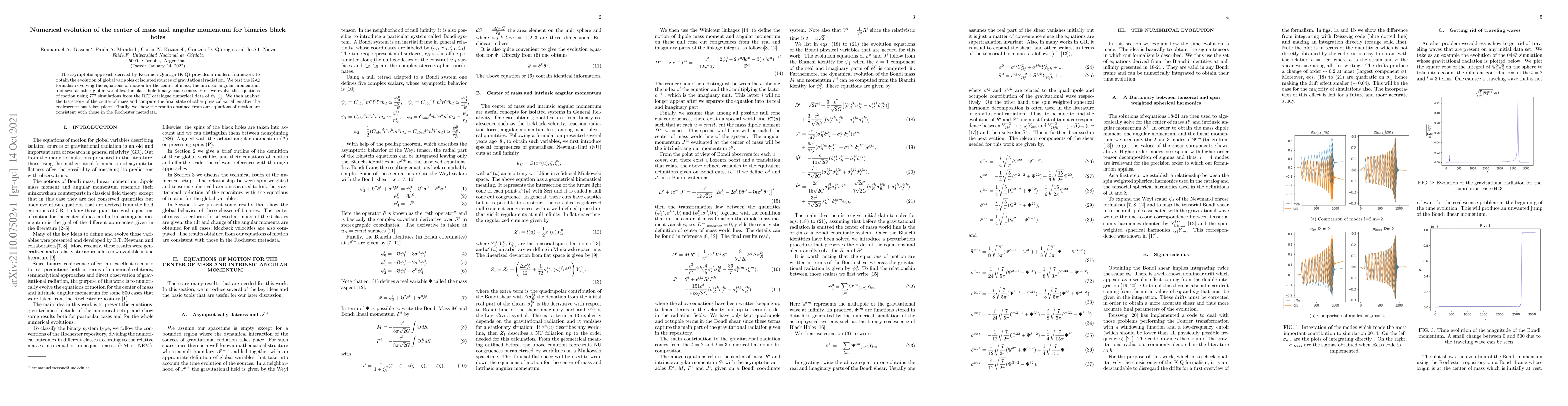 Thumbnail for Numerical evolution of the center of mass and angular momentum for
  binaries black holes
