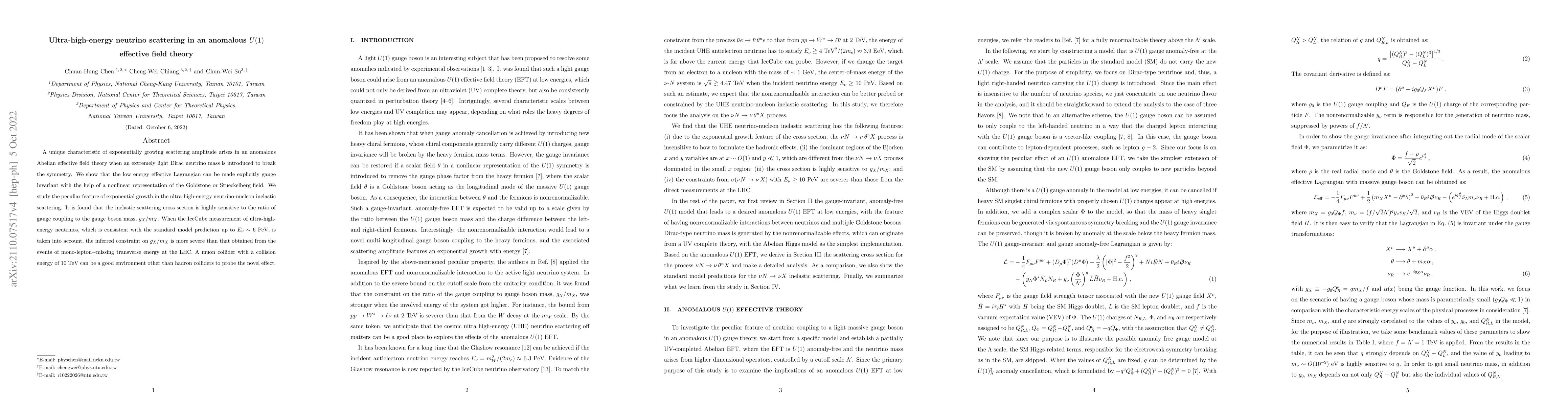 Thumbnail for Ultra-high-energy neutrino scattering in an anomalous U(1) effective
  field theory