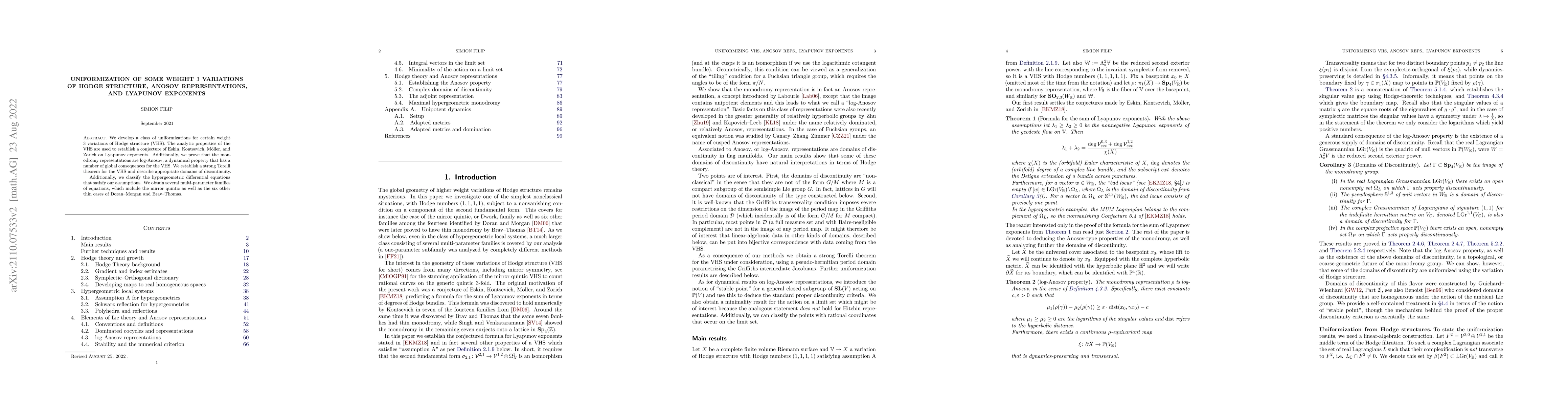 Thumbnail for Uniformization of some weight 3 variations of Hodge structure, Anosov
  representations, and Lyapunov exponents