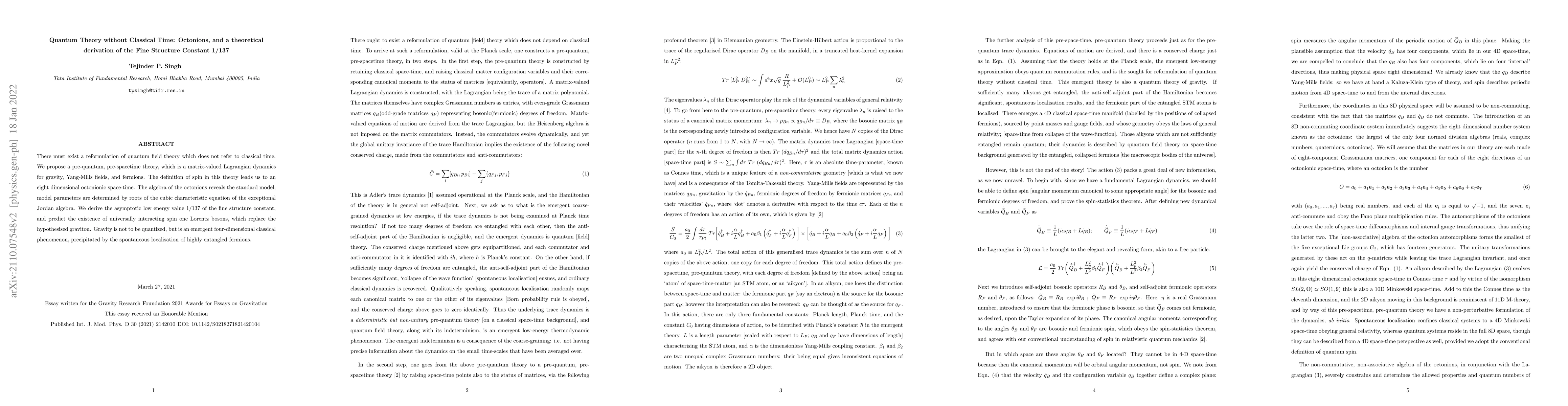 Thumbnail for Quantum theory without classical time: octonions, and a theoretical
  derivation of the fine structure constant 1/137