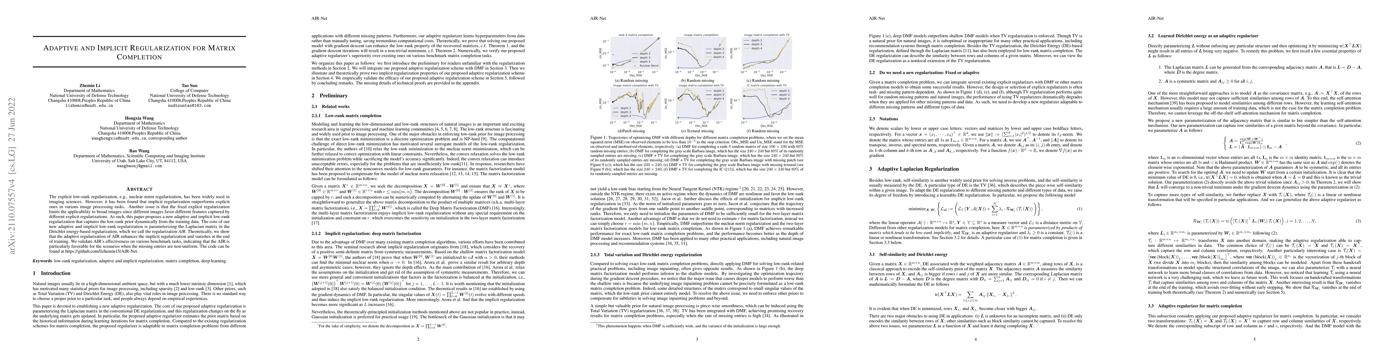 Thumbnail for AIR-Net: Adaptive and Implicit Regularization Neural Network for Matrix
  Completion