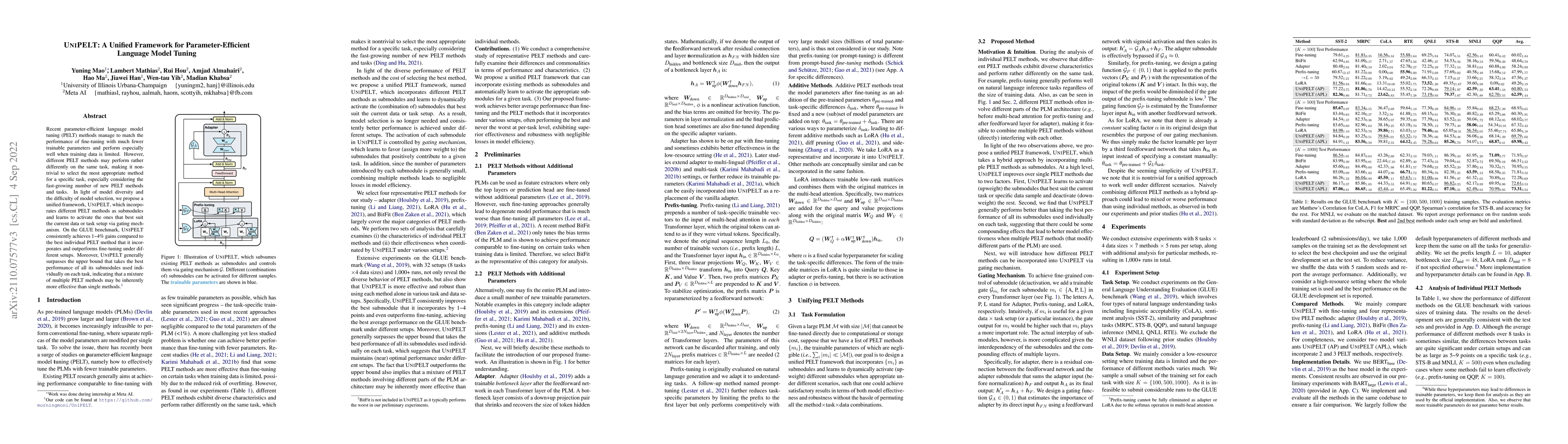 Thumbnail for UniPELT: A Unified Framework for Parameter-Efficient Language Model
  Tuning