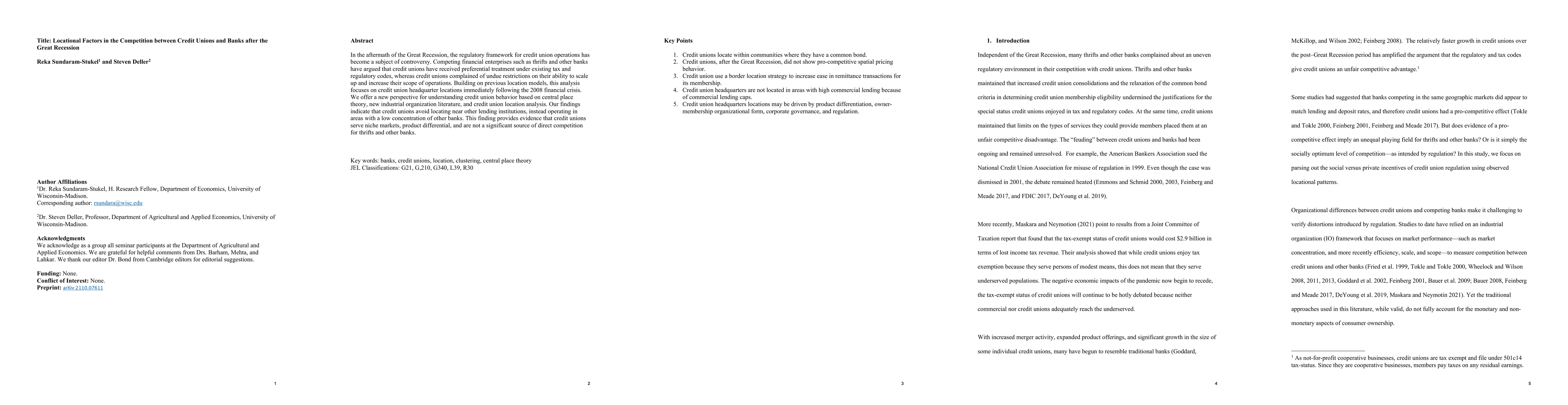 Thumbnail for Locational Factors in the Competition between Credit Unions and Banks
  after the Great Recession