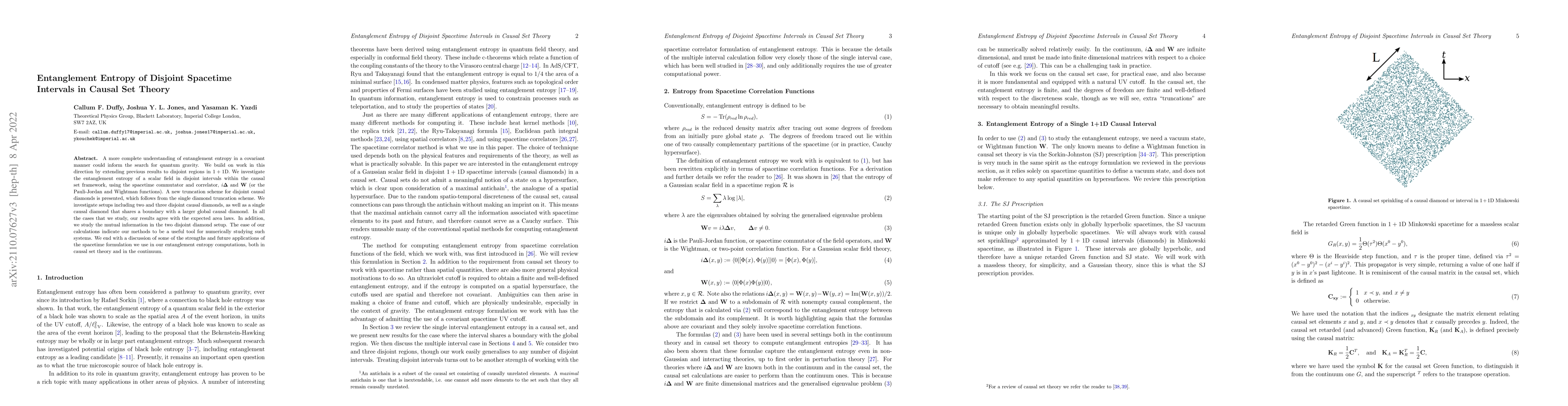 Thumbnail for Entanglement Entropy of Disjoint Spacetime Intervals in Causal Set
  Theory