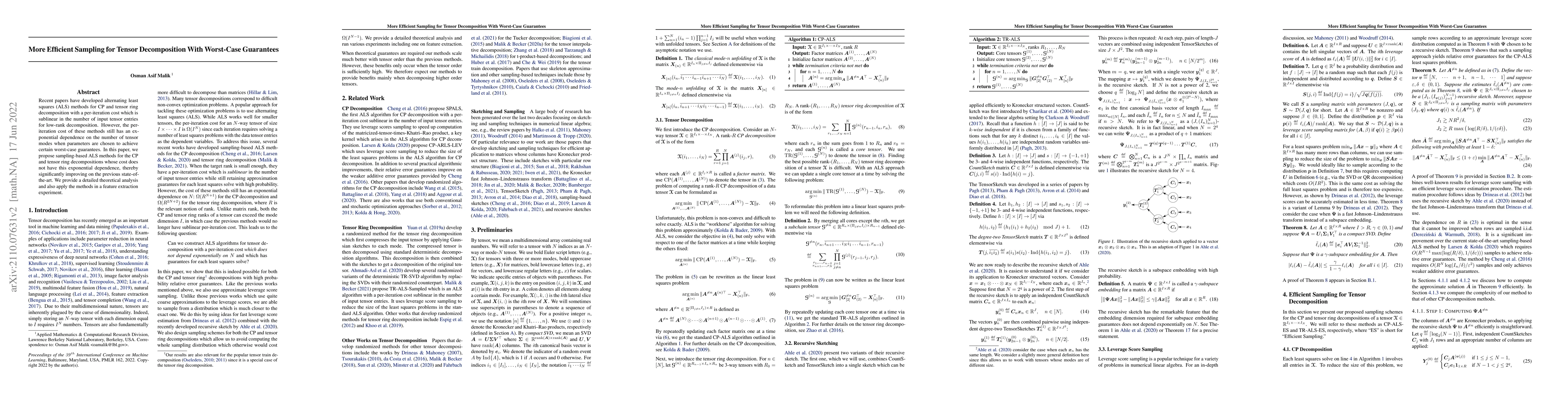 Thumbnail for More Efficient Sampling for Tensor Decomposition With Worst-Case
  Guarantees