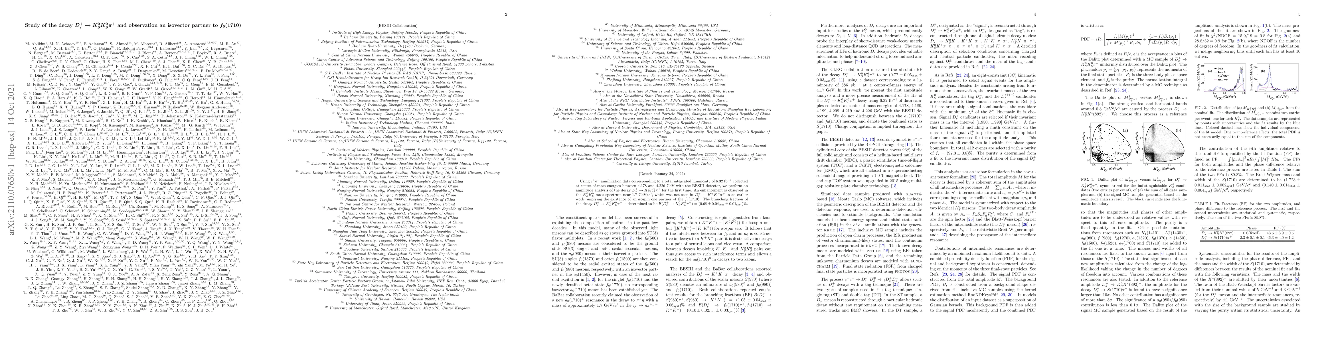 Thumbnail for Study of the decay $D_s^+\to K_S^0K_S^0\pi^+$ and observation an
  isovector partner to $f_0(1710)$
