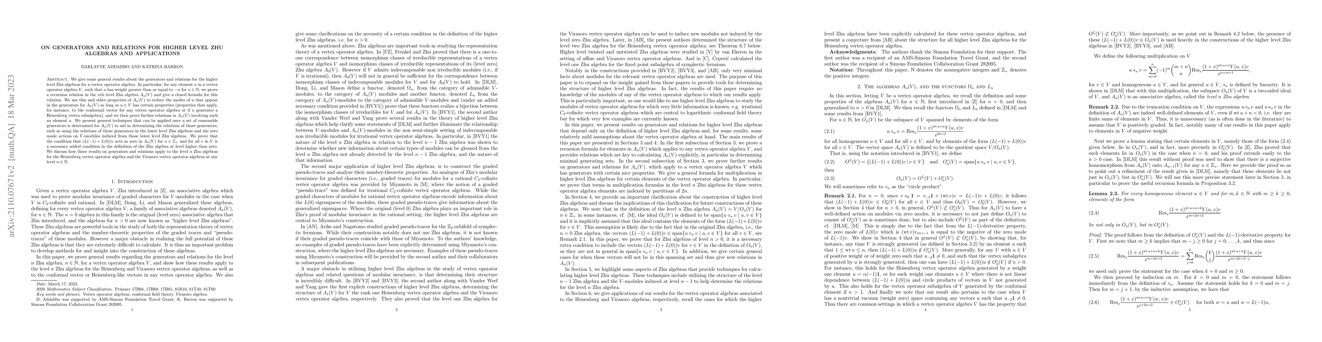 Thumbnail for On generators and relations for higher level Zhu algebras and
  applications
