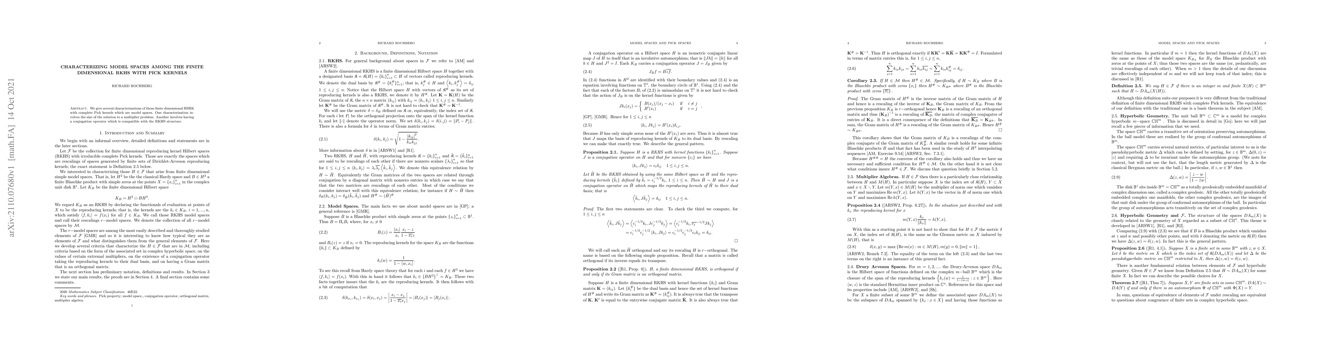 Thumbnail for Characterizing Model Spaces Among the Finite Dimensional RKHS with Pick
  Kernels