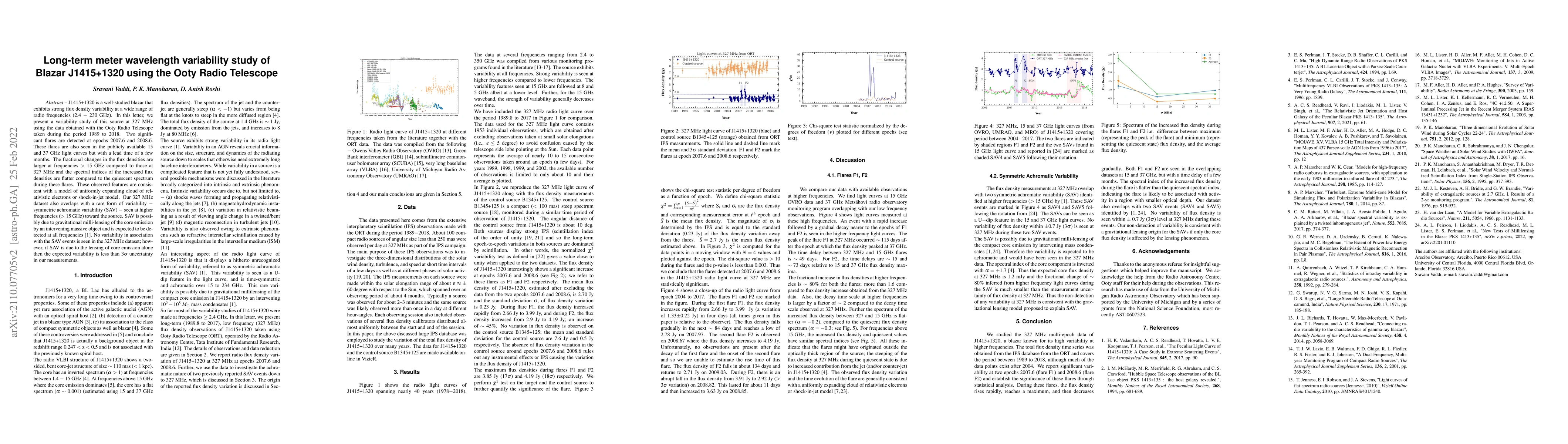 Thumbnail for Long-term meter wavelength variability study of Blazar J1415+1320 using
  the Ooty Radio Telescope