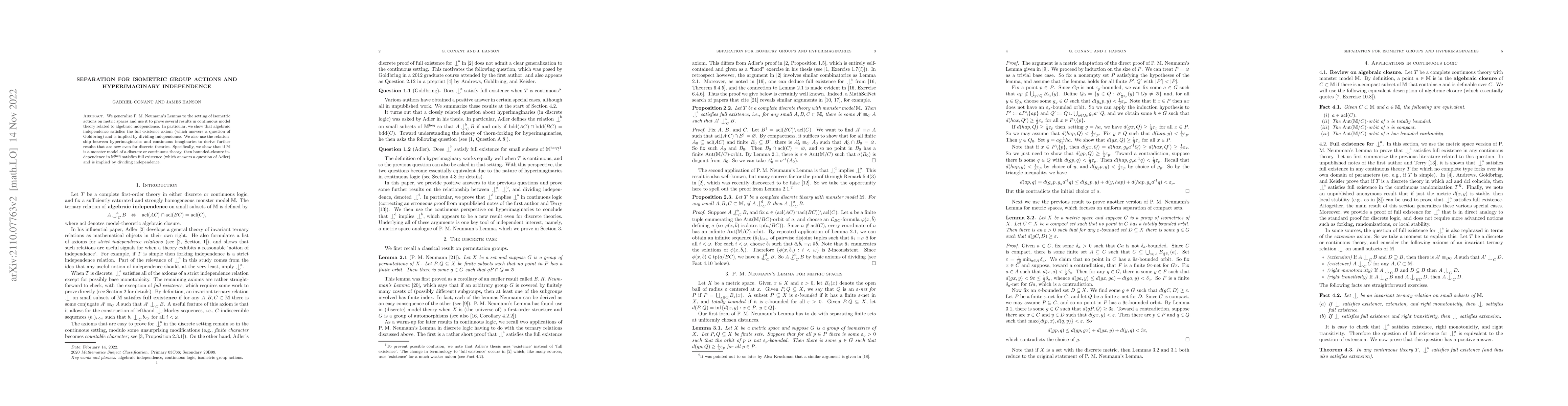 Thumbnail for Separation for isometric group actions and hyperimaginary independence