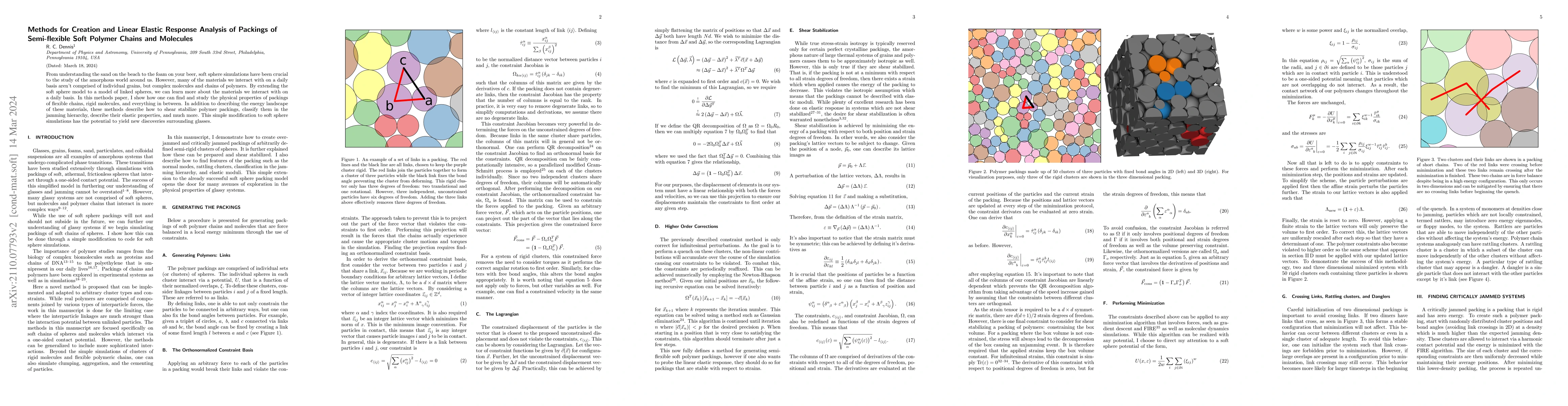 Thumbnail for Methods for Creation and Linear Elastic Response Analysis of Packings of
  Semi-flexible Soft Polymer Chains