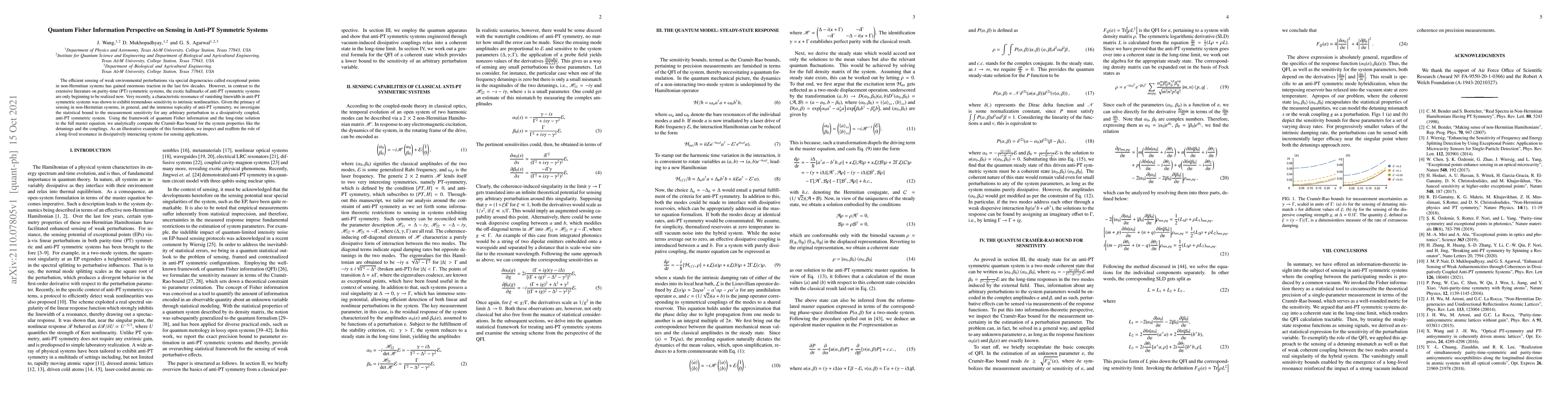 Thumbnail for Quantum Fisher Information Perspective on Sensing in Anti-PT Symmetric
  Systems