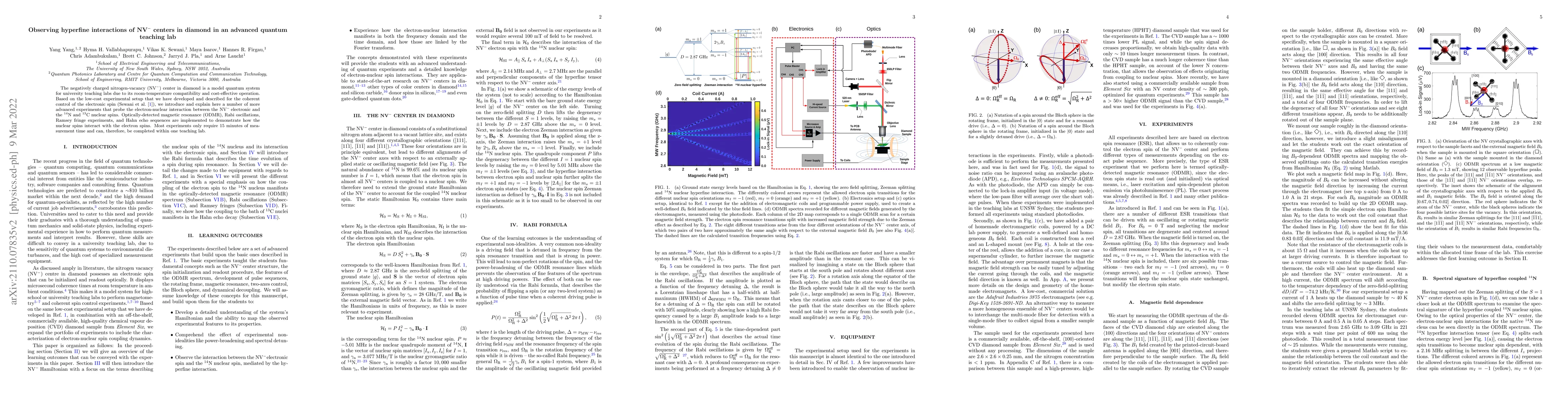 Thumbnail for Observing hyperfine interactions of NV centers in diamond in an advanced
  quantum teaching lab