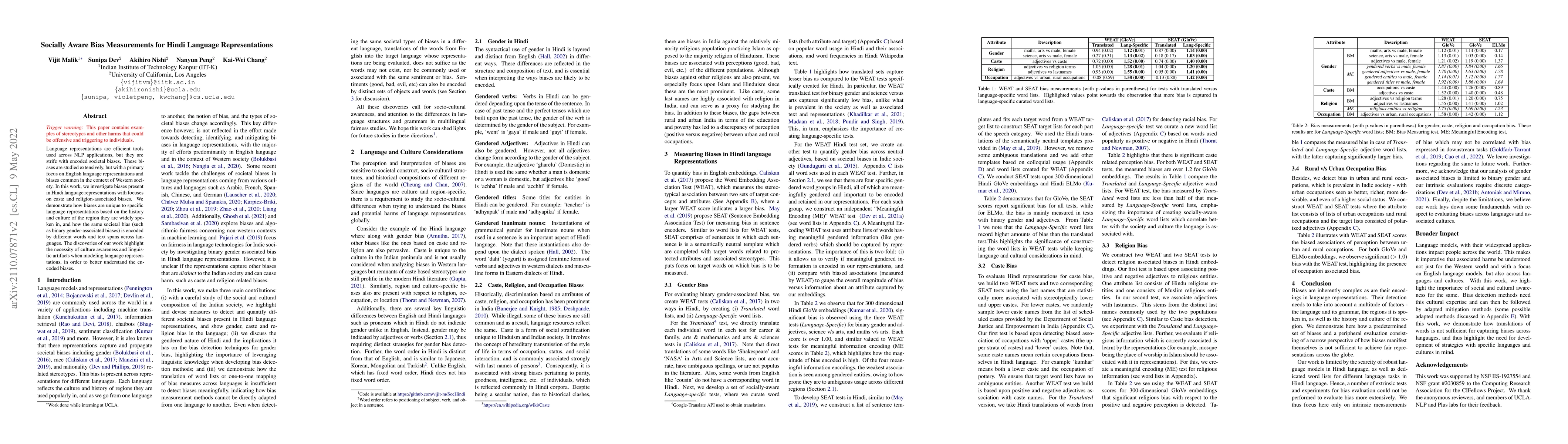 Thumbnail for Socially Aware Bias Measurements for Hindi Language Representations